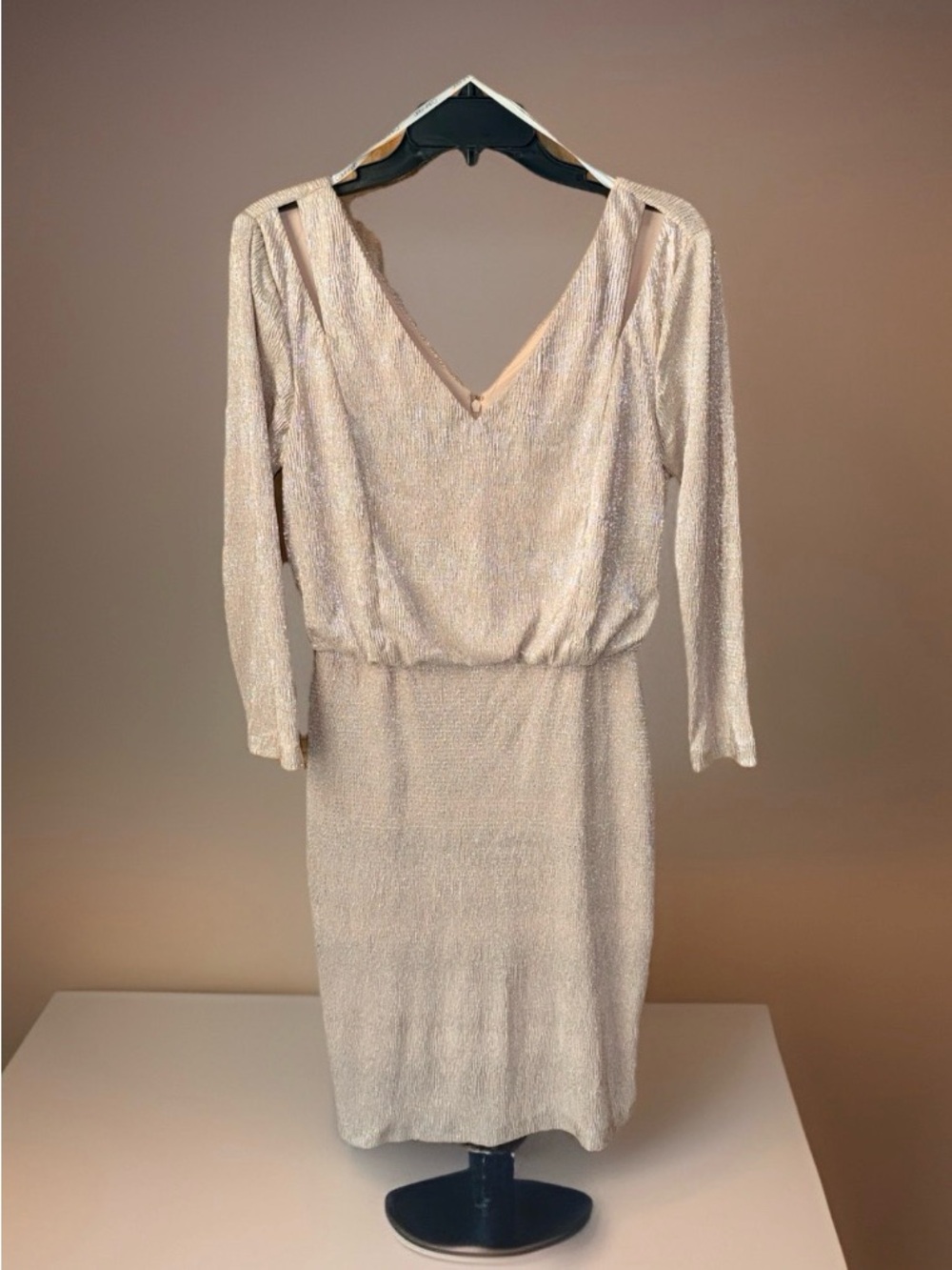 NWT Calvin Klein Textured Metallic Silver V-Neck Long Sleeve Blouson Dress-6